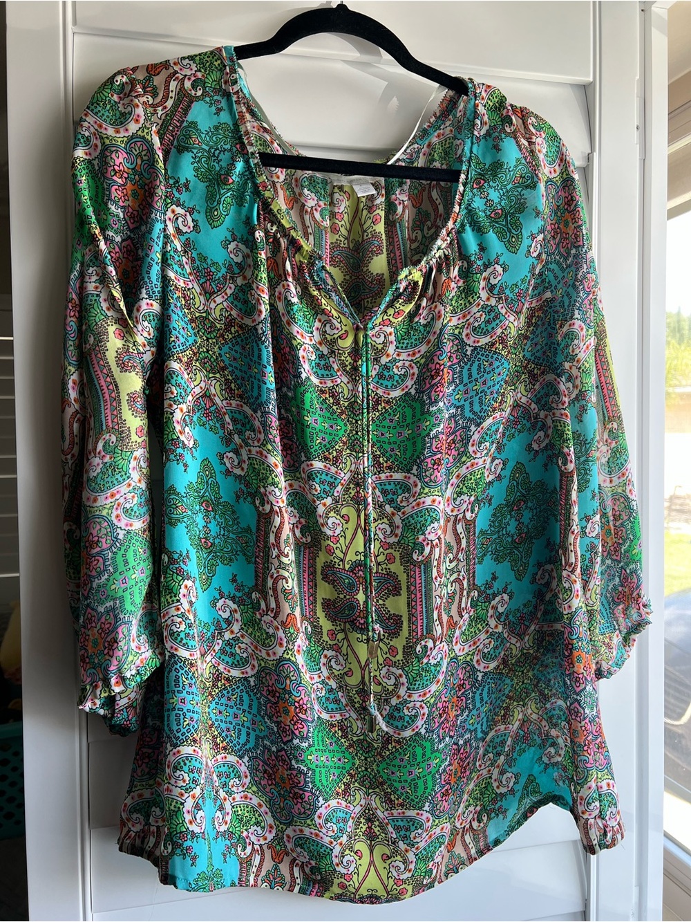 Charter Club Turquoise Paisley Split-Neck Tunic